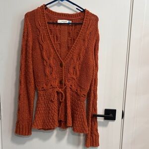 sparrow Chunky Cable Tie-Waist Cardigan in Rust Orange